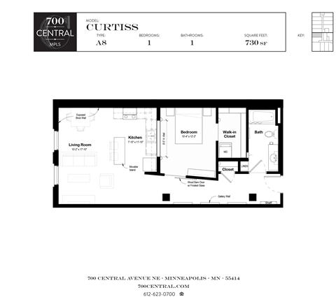 Floor plan for 1 bed, 1 bath, 730 sqft